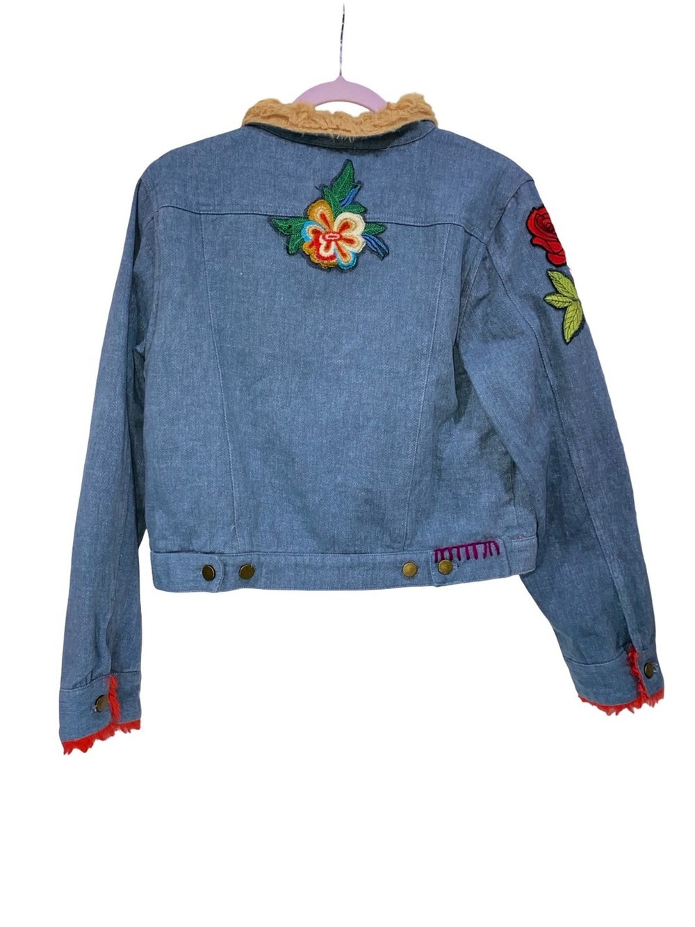 Natural Life Embroidered Denim Jacket Faux Fur Boho embroidery patches Size M - Picture 4 of 6